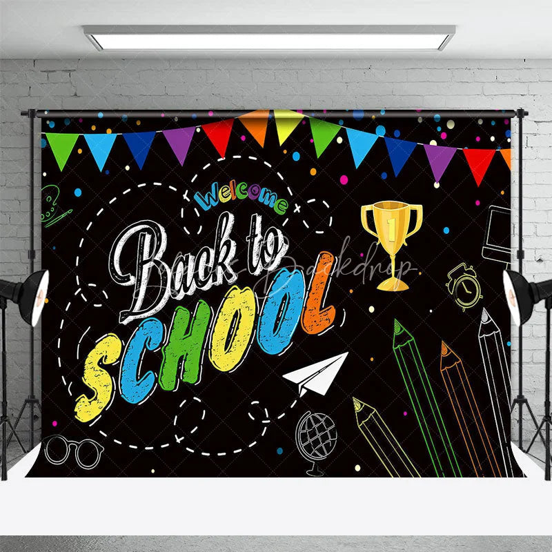 Lofaris Welcome Back to School Chalkboard Backdrop Colorful Pennants Education Party Decor Photography Background