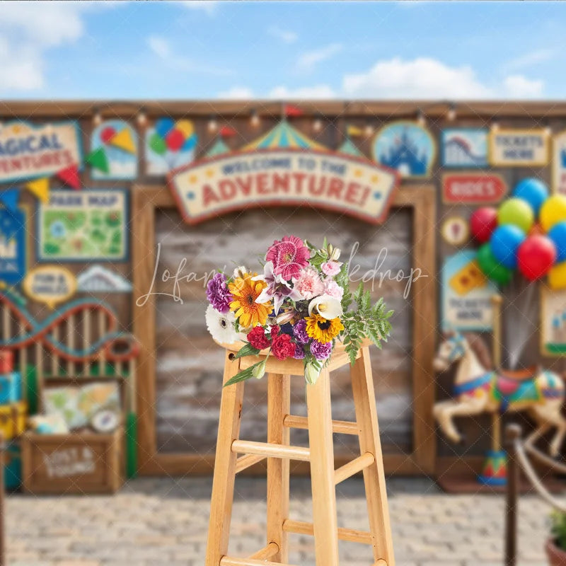 Lofaris Welcome to the Adventure Carnival Wooden Photography Backdrop with Balloons and Carousel Horse Festive Party Decor