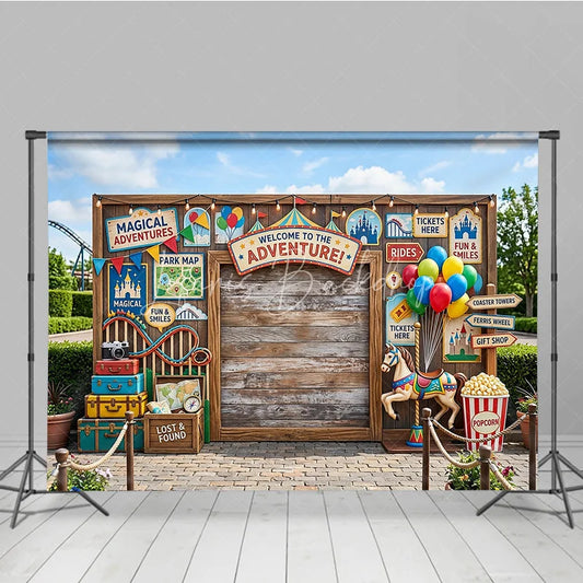 Lofaris Welcome to the Adventure Carnival Wooden Photography Backdrop with Balloons and Carousel Horse Festive Party Decor