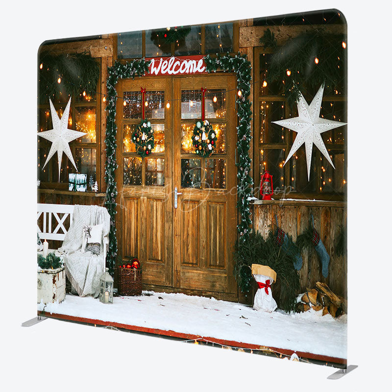 Lofaris Welcome Wooden Door Snowy Christmas Pillow Case Backdrop