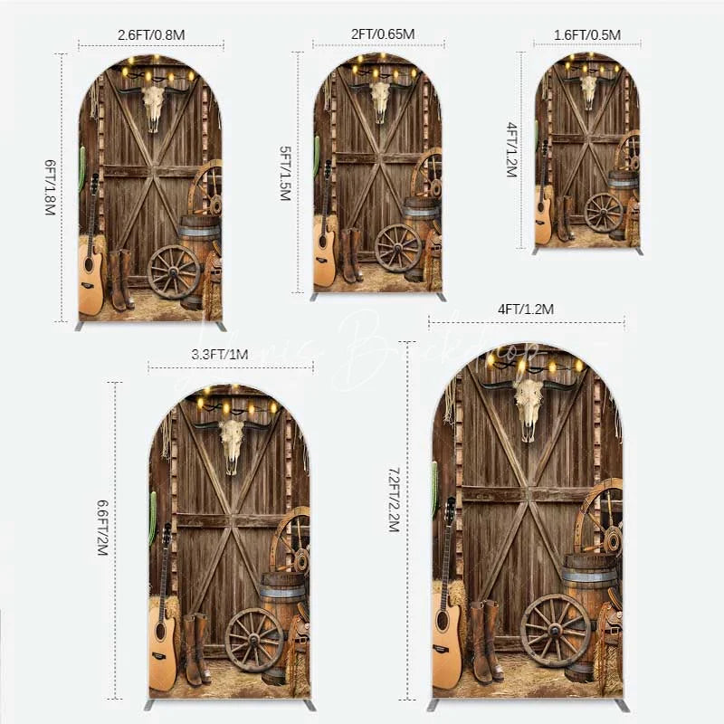 Lofaris Western Cowboy Arch Backdrop Saloon Wood Door with Bull Skull and Barrel Background Rustic Birthday Party Decor