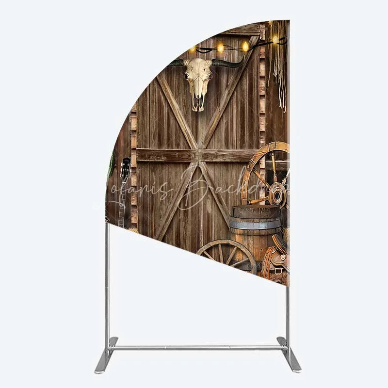 Lofaris Western Cowboy Half Moon Arch Backdrop Saloon Wood Door with Bull Skull and Barrel Background Rustic Birthday Party Decor