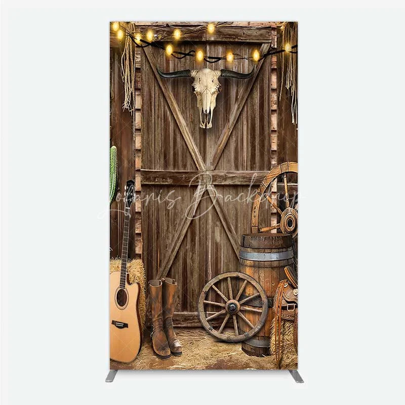 Lofaris Western Cowboy Rectangle Backdrop Saloon Wood Door with Bull Skull and Barrel Background Rustic Birthday Party Decor
