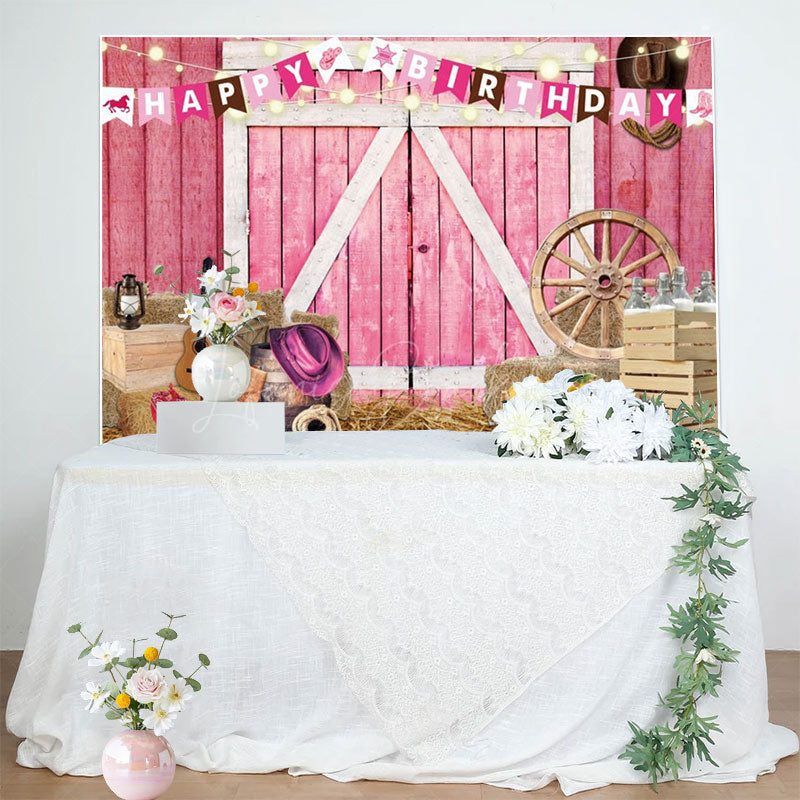 Lofaris Western Cowgirl Farm Pink Happy Birthday Backdrop