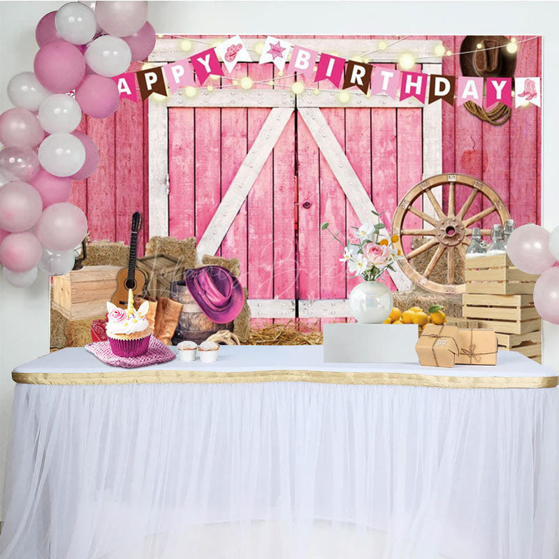 Lofaris Western Cowgirl Farm Pink Happy Birthday Backdrop