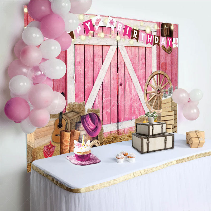 Lofaris Western Cowgirl Farm Pink Happy Birthday Backdrop