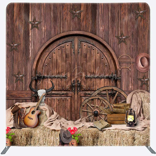 Lofaris Western Saloon Tension Fabric Backdrop Rustic Barn Door and Hay Bales Wild West Cowboy Themed Photo Prop