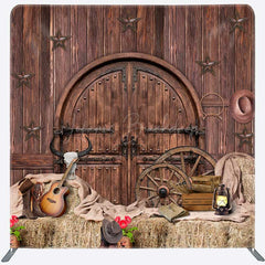Lofaris Western Saloon Tension Fabric Backdrop Rustic Barn Door and Hay Bales Wild West Cowboy Themed Photo Prop