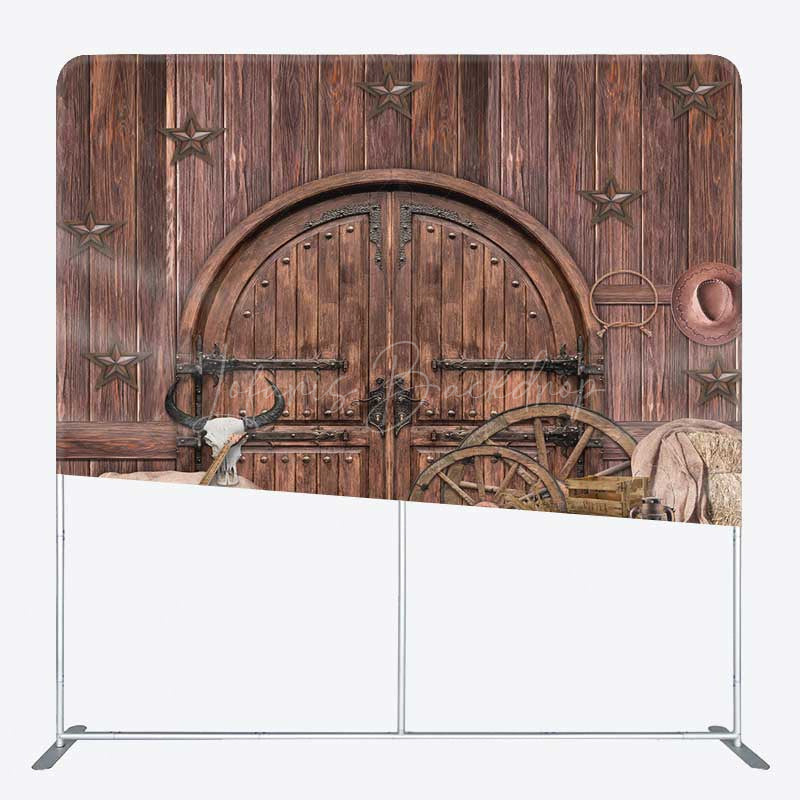 Lofaris Western Saloon Tension Fabric Backdrop Rustic Barn Door and Hay Bales Wild West Cowboy Themed Photo Prop