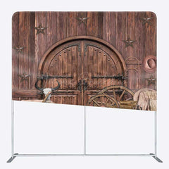 Lofaris Western Saloon Tension Fabric Backdrop Rustic Barn Door and Hay Bales Wild West Cowboy Themed Photo Prop