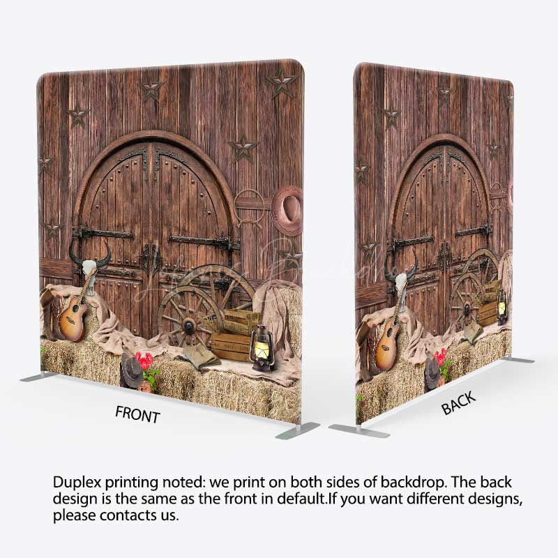 Lofaris Western Saloon Tension Fabric Backdrop Rustic Barn Door and Hay Bales Wild West Cowboy Themed Photo Prop