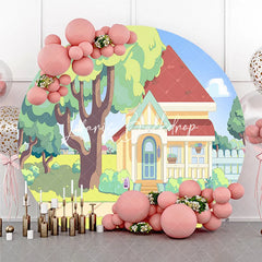 Lofaris Whimsical Animated Family House with Red Roof and Green Trees Round Backdrop Sunny Day Kids Birthday Party Decoration