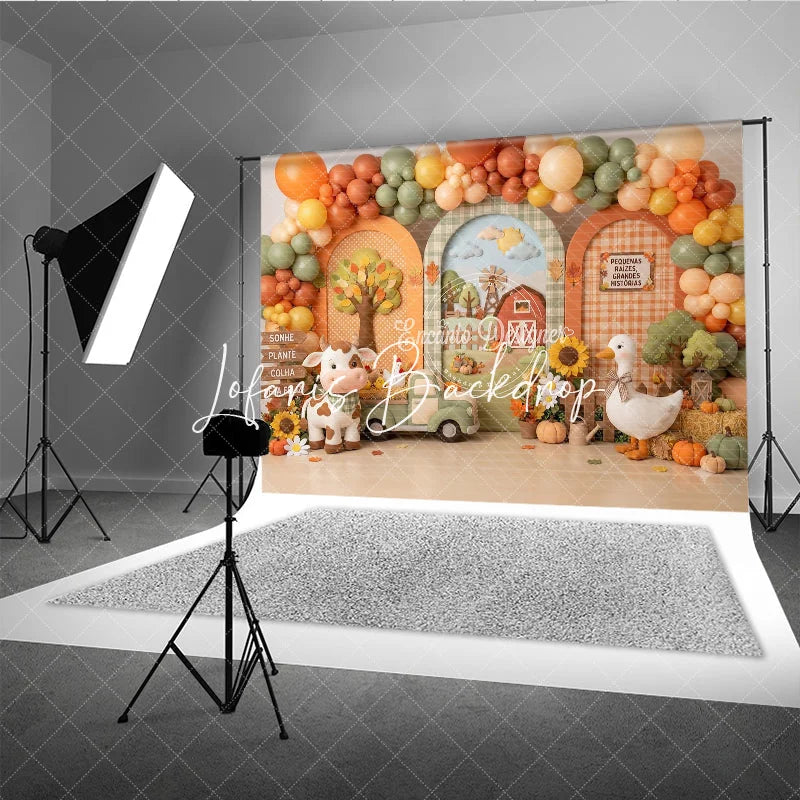 Lofaris Whimsical Autumn Farm Photography Backdrop with Barn Windmill Cow Goose and Fall Balloons for Baby Shower Birthday