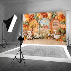 Lofaris Whimsical Autumn Farm Photography Backdrop with Barn Windmill Cow Goose and Fall Balloons for Baby Shower Birthday