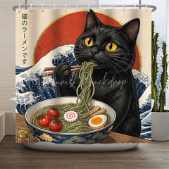 Lofaris Whimsical Black Cat Eating Ramen Shower Curtain Japanese Great Wave and Red Sun Art Design for Bathroom Decor