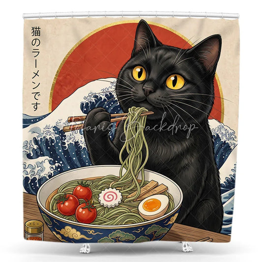 Lofaris Whimsical Black Cat Eating Ramen Shower Curtain Japanese Great Wave and Red Sun Art Design for Bathroom Decor