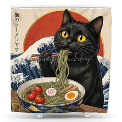 Lofaris Whimsical Black Cat Eating Ramen Shower Curtain Japanese Great Wave and Red Sun Art Design for Bathroom Decor