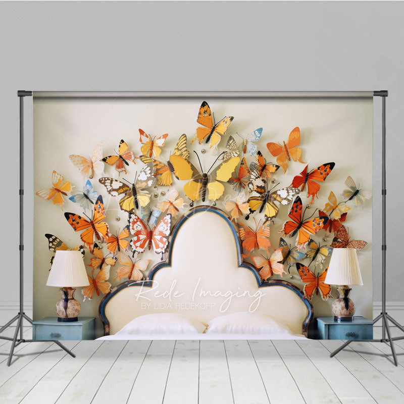 Lofaris Whimsical Butterfly Headboard Photography Backdrop Orange and Yellow 3D Butterflies Spring Themed Photo Prop