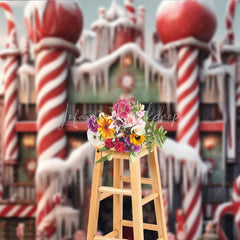 Lofaris Whimsical Candy House Photography Backdrop with Red and White Canes Snowy Winter Wonderland Holiday Decor