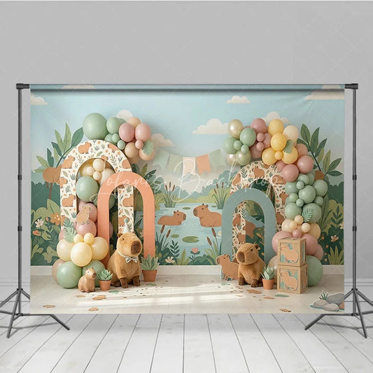 Lofaris Whimsical Capybara Jungle River Photography Backdrop with Pastel Balloons and Arches Birthday Baby Shower Party Decor