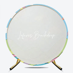 Lofaris Whimsical Cartoon Hot Air Balloon Round Backdrop Colorful Sky and Striped Hills for Kids Birthday Party
