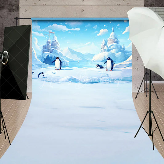 Lofaris Whimsical Cartoon Penguin Winter Wonderland Sweep Backdrop Icy Castle Landscape for Kids Party