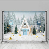 Lofaris Whimsical Christmas A-Frame Cabin Photography Backdrop Miniature Ski Lift in Snow Winter Holiday Photo Background