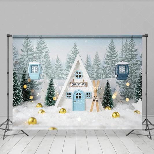 Lofaris Whimsical Christmas A-Frame Cabin Photography Backdrop Miniature Ski Lift in Snow Winter Holiday Photo Background