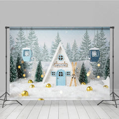 Lofaris Whimsical Christmas A-Frame Cabin Photography Backdrop Miniature Ski Lift in Snow Winter Holiday Photo Background