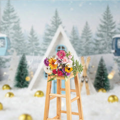 Lofaris Whimsical Christmas A-Frame Cabin Photography Backdrop Miniature Ski Lift in Snow Winter Holiday Photo Background