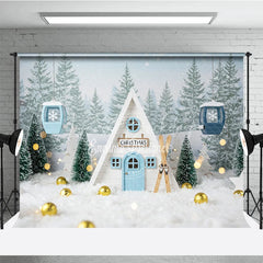 Lofaris Whimsical Christmas A-Frame Cabin Photography Backdrop Miniature Ski Lift in Snow Winter Holiday Photo Background