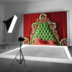 Lofaris Whimsical Christmas Headboard Photography Backdrop Green Tufted Bed with Candy Canes Candyland Photo Prop
