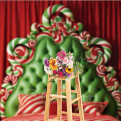 Lofaris Whimsical Christmas Headboard Photography Backdrop Green Tufted Bed with Candy Canes Candyland Photo Prop