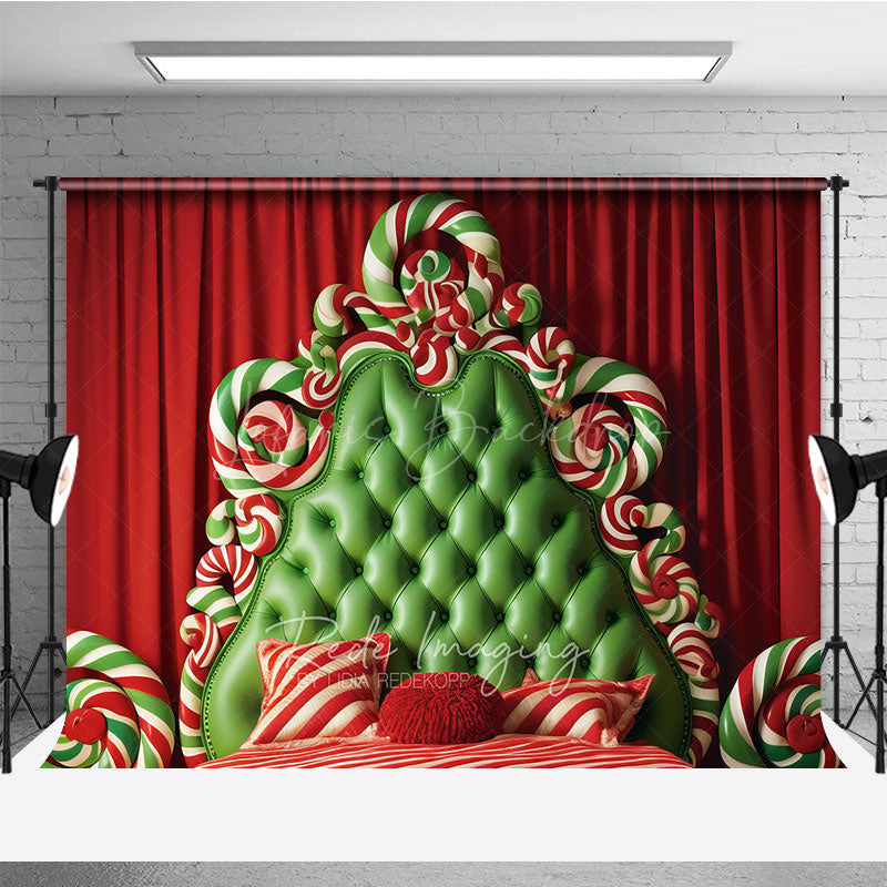 Lofaris Whimsical Christmas Headboard Photography Backdrop Green Tufted Bed with Candy Canes Candyland Photo Prop