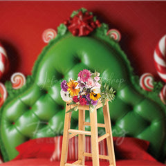 Lofaris Whimsical Christmas Headboard Photography Backdrop Red and Green Tufted Bed Candyland Themed Photo Prop Decor