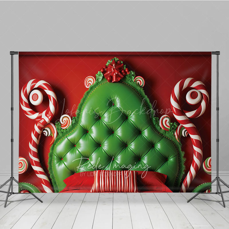 Lofaris Whimsical Christmas Headboard Photography Backdrop Red and Green Tufted Bed Candyland Themed Photo Prop Decor