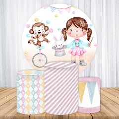 Lofaris Whimsical Circus Theme Round Backdrop Kit with Cute Girl Ringmaster Monkey and Bunny for Baby Shower Birthday Party