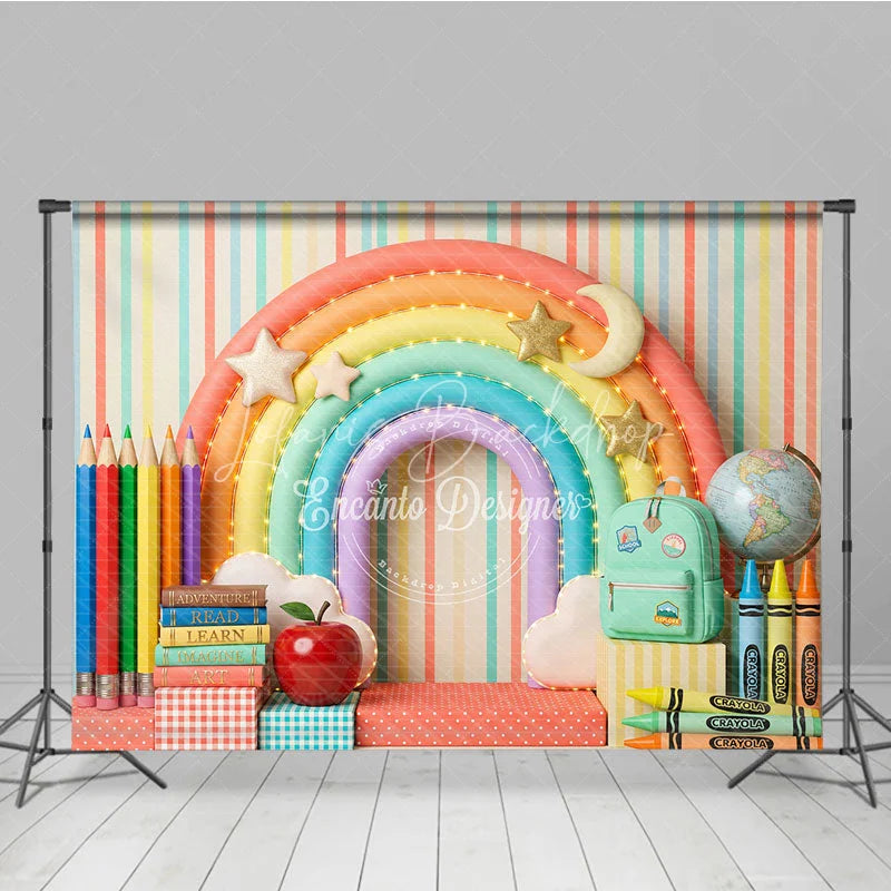Lofaris Whimsical Colorful Rainbow School Photography Backdrop with Books Pencils and Globe for Back to Party