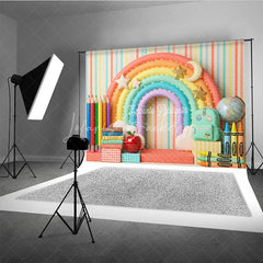 Lofaris Whimsical Colorful Rainbow School Photography Backdrop with Books Pencils and Globe for Back to Party