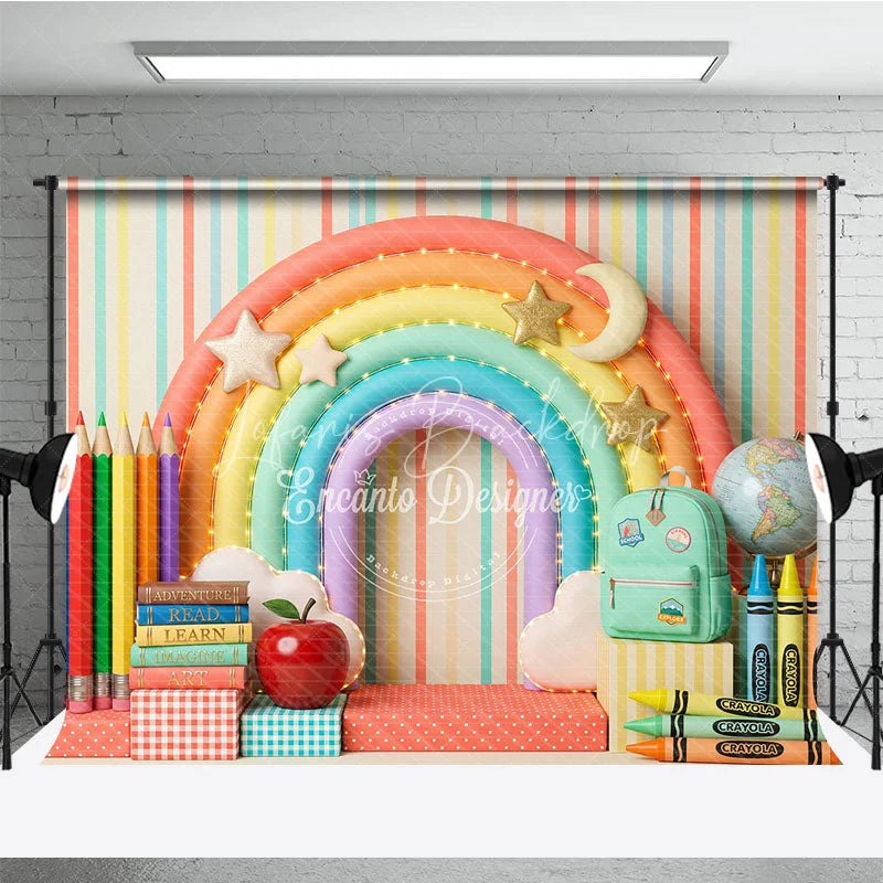 Lofaris Whimsical Colorful Rainbow School Photography Backdrop with Books Pencils and Globe for Back to Party