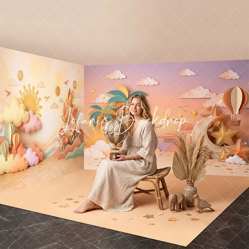 Lofaris Whimsical Desert Sunset Room Set Backdrop with Sun Clouds Moon Stars Hot Air Balloons Baby Kids Photography