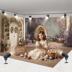 Lofaris Whimsical Easter Room Set Backdrop with Bunny in Egg Purple Wisteria and Floral Garlands for Spring Party