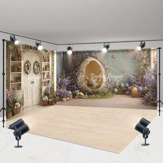 Lofaris Whimsical Easter Room Set Backdrop with Bunny in Egg Purple Wisteria and Floral Garlands for Spring Party