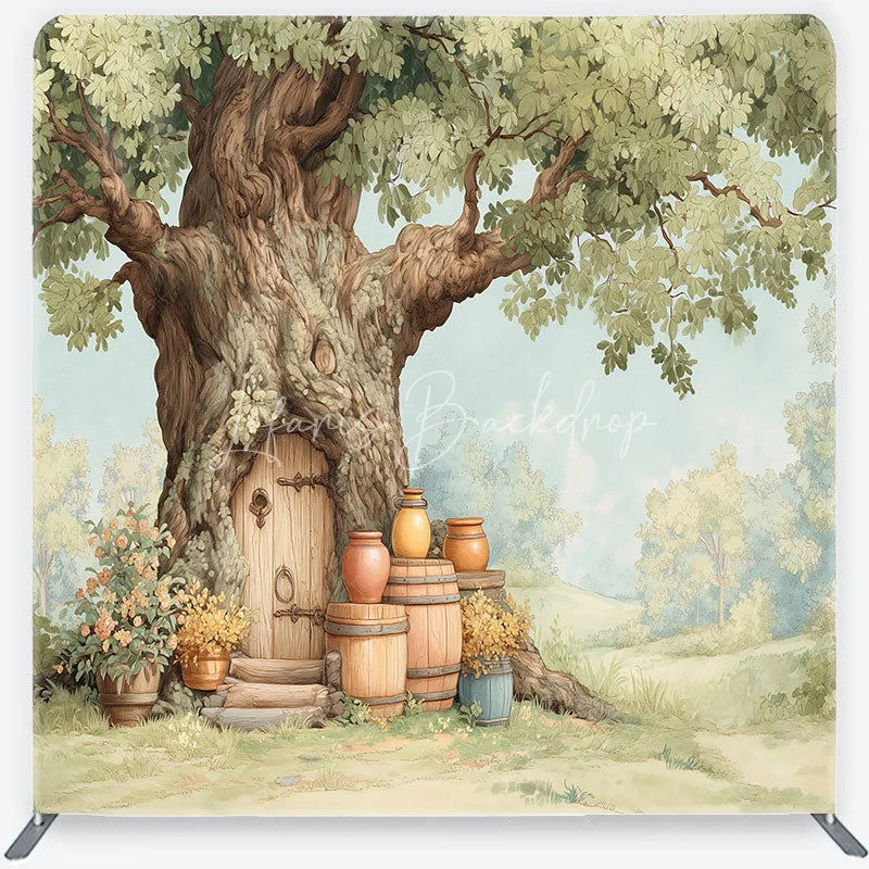 Lofaris Whimsical Fairy Tale Tree House Square Double-Sided Backdrop Enchanted Forest for Baby Shower Photography