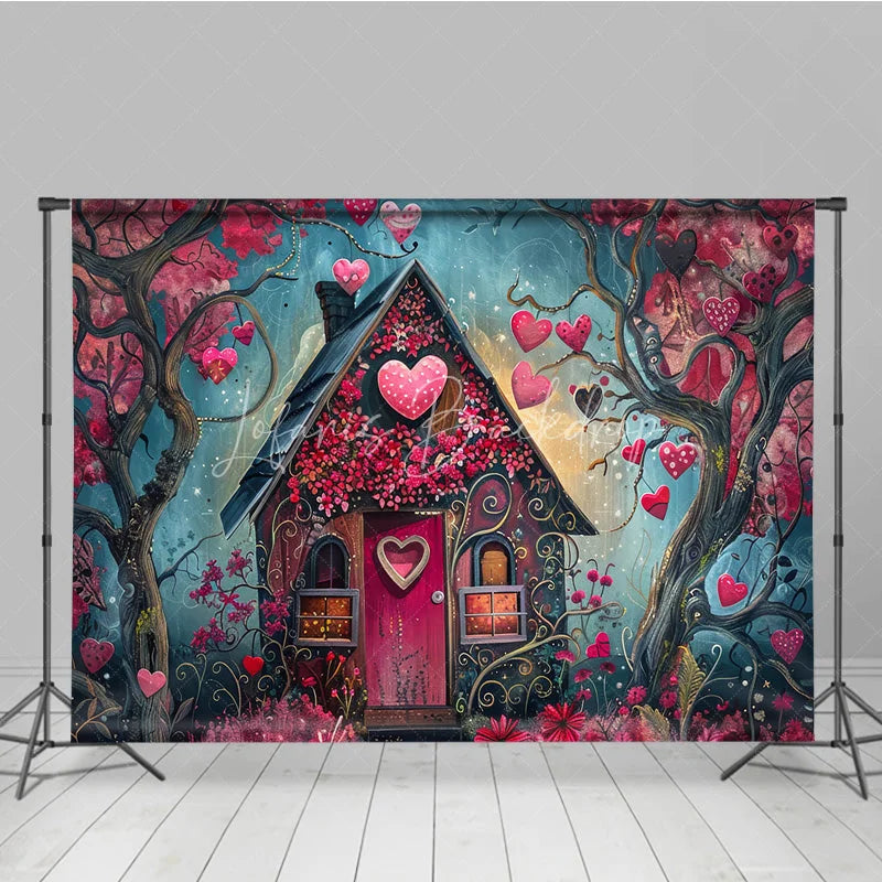 Lofaris Whimsical Fairytale House Photography Backdrop with Pink and Red Hearts Enchanted Forest Romantic Celebration Decor