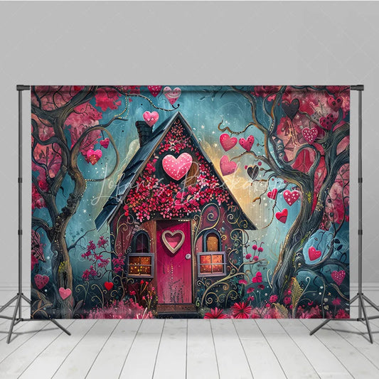 Lofaris Whimsical Fairytale House Photography Backdrop with Pink and Red Hearts Enchanted Forest Romantic Celebration Decor
