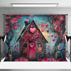 Lofaris Whimsical Fairytale House Photography Backdrop with Pink and Red Hearts Enchanted Forest Romantic Celebration Decor