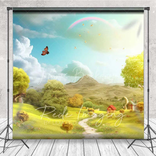 Lofaris Whimsical Fairytale Scenery Backdrop Green Hills Path Rainbow Butterfly Sunny Sky Photo Studio