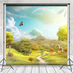 Lofaris Whimsical Fairytale Scenery Backdrop Green Hills Path Rainbow Butterfly Sunny Sky Photo Studio