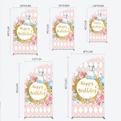 Lofaris Whimsical Fairytale Tea Party Half Moon Arch Backdrop with Pink Diamond Gold Glitter Happy Birthday Celebration